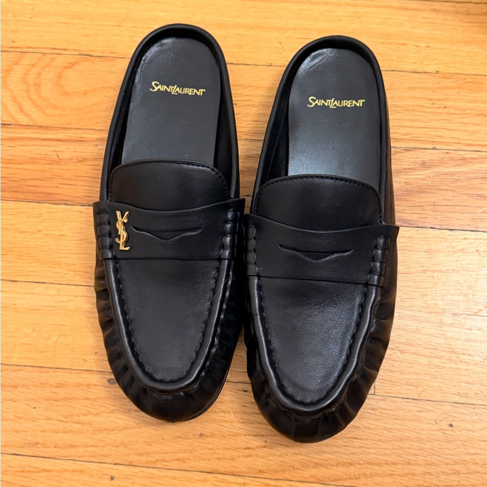 Saint Laurent Black Leather Slip-On Loafers with Gold Accent - Picture 2 of 3